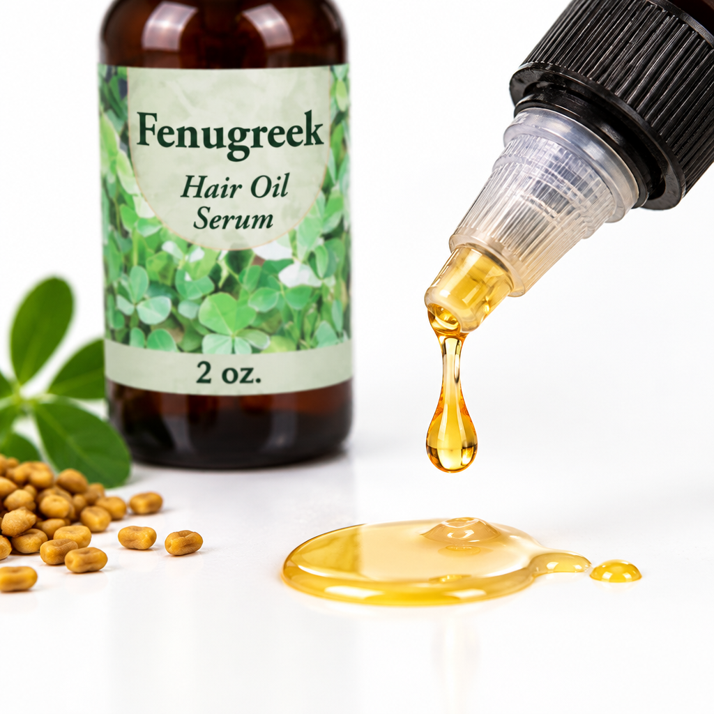 Close-up of golden Fenugreek Hair Oil Serum dripping from the applicator, with the 2 oz bottle in the background.