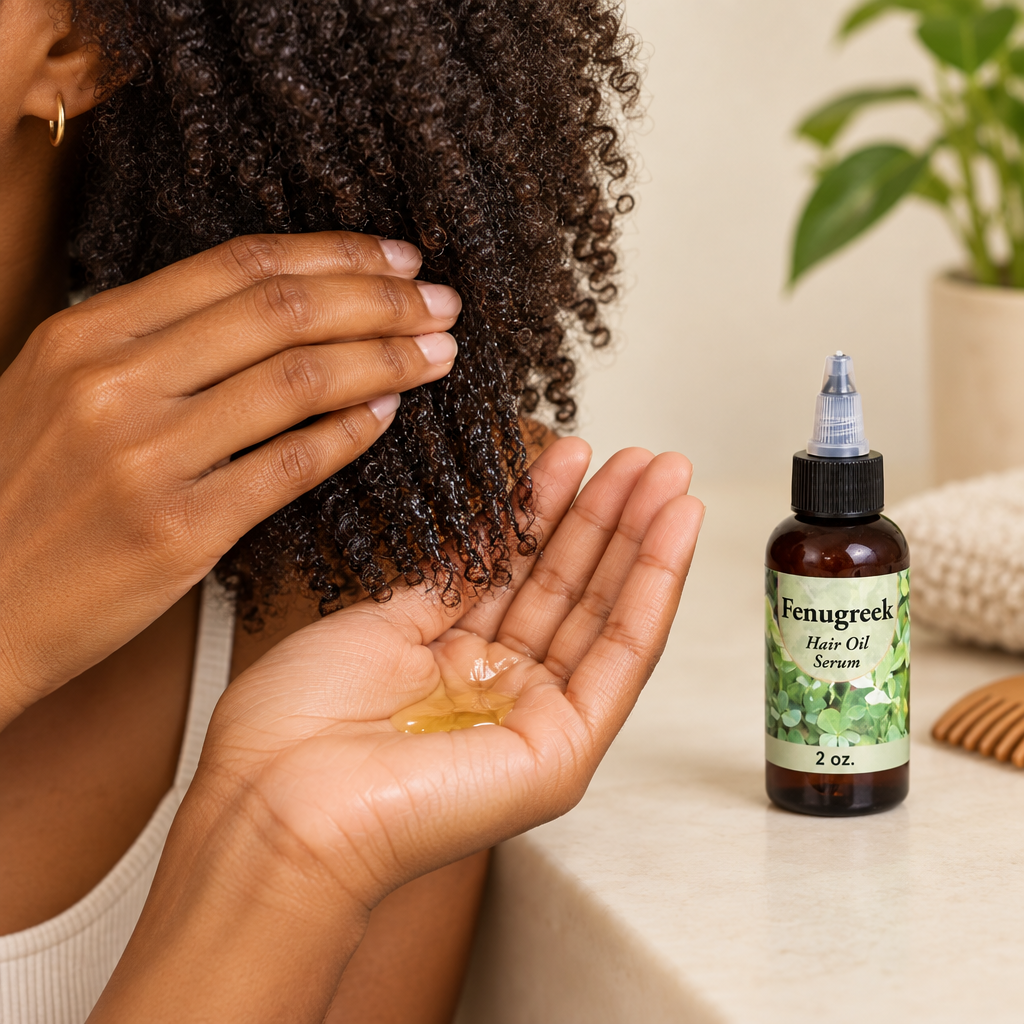 Person applying Fenugreek Hair Oil Serum to natural textured hair, with the 2 oz bottle beside their hand.