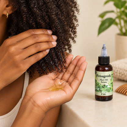 Person applying Fenugreek Hair Oil Serum to natural textured hair, with the 2 oz bottle beside their hand.